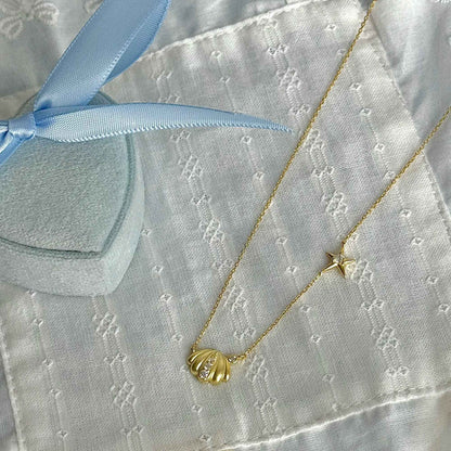 "Orange Ocean" 925 Sterling Gold-Plated Diamond-Row Shell-Star Necklace – Low-Luxury & Coastal Chic