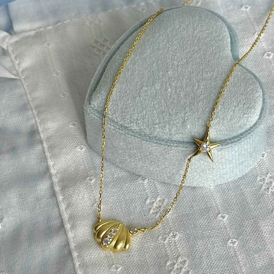 "Orange Ocean" 925 Sterling Gold-Plated Diamond-Row Shell-Star Necklace – Low-Luxury & Coastal Chic