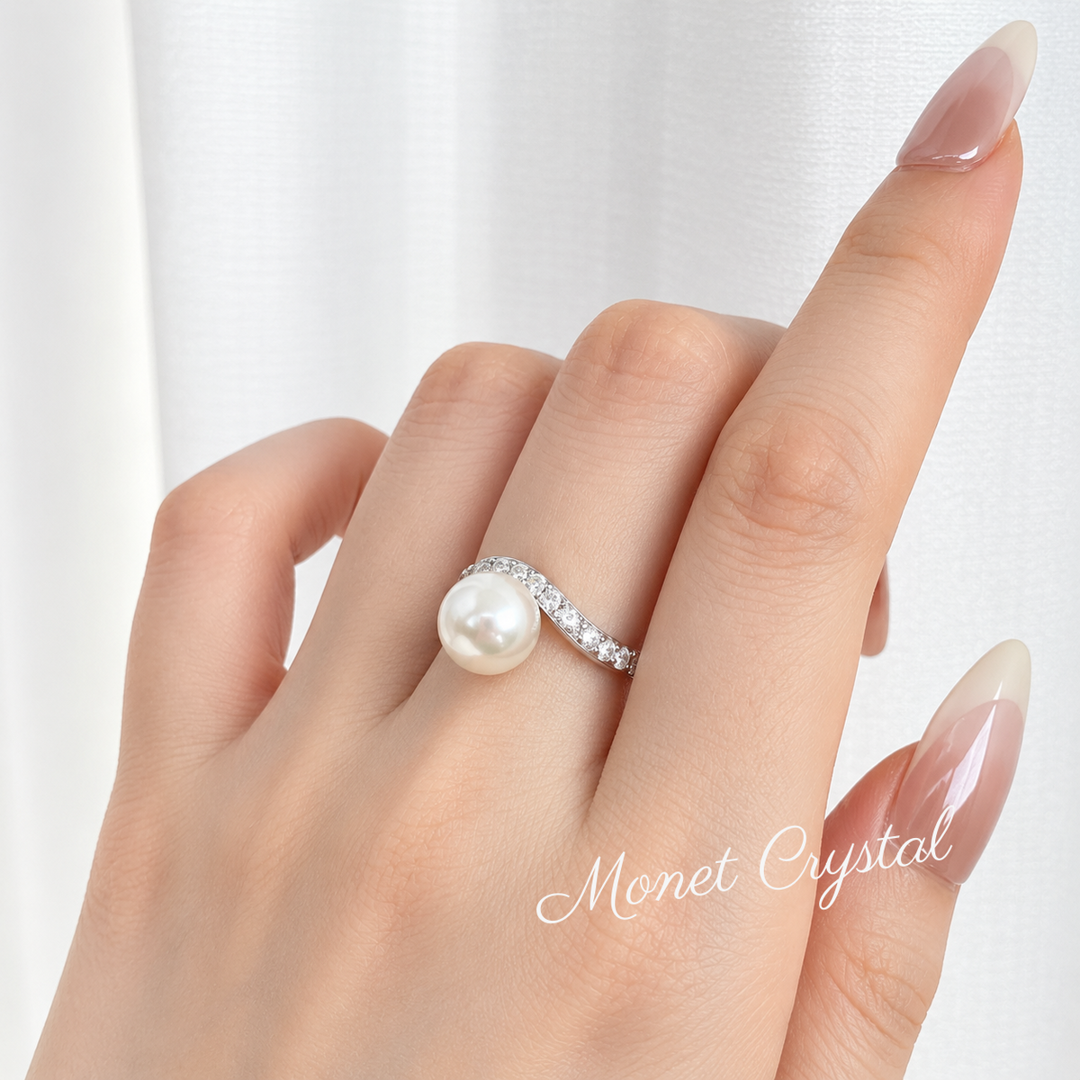 “Pearl Arc” White Gold Plated S925 Sterling Silver Pearl Zircon Ring