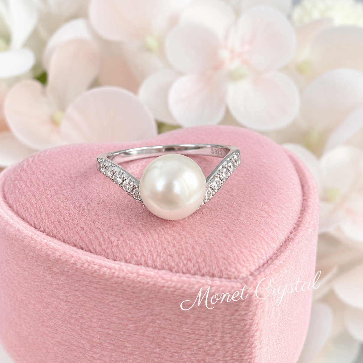 “Pearl Arc” White Gold Plated S925 Sterling Silver Pearl Zircon Ring
