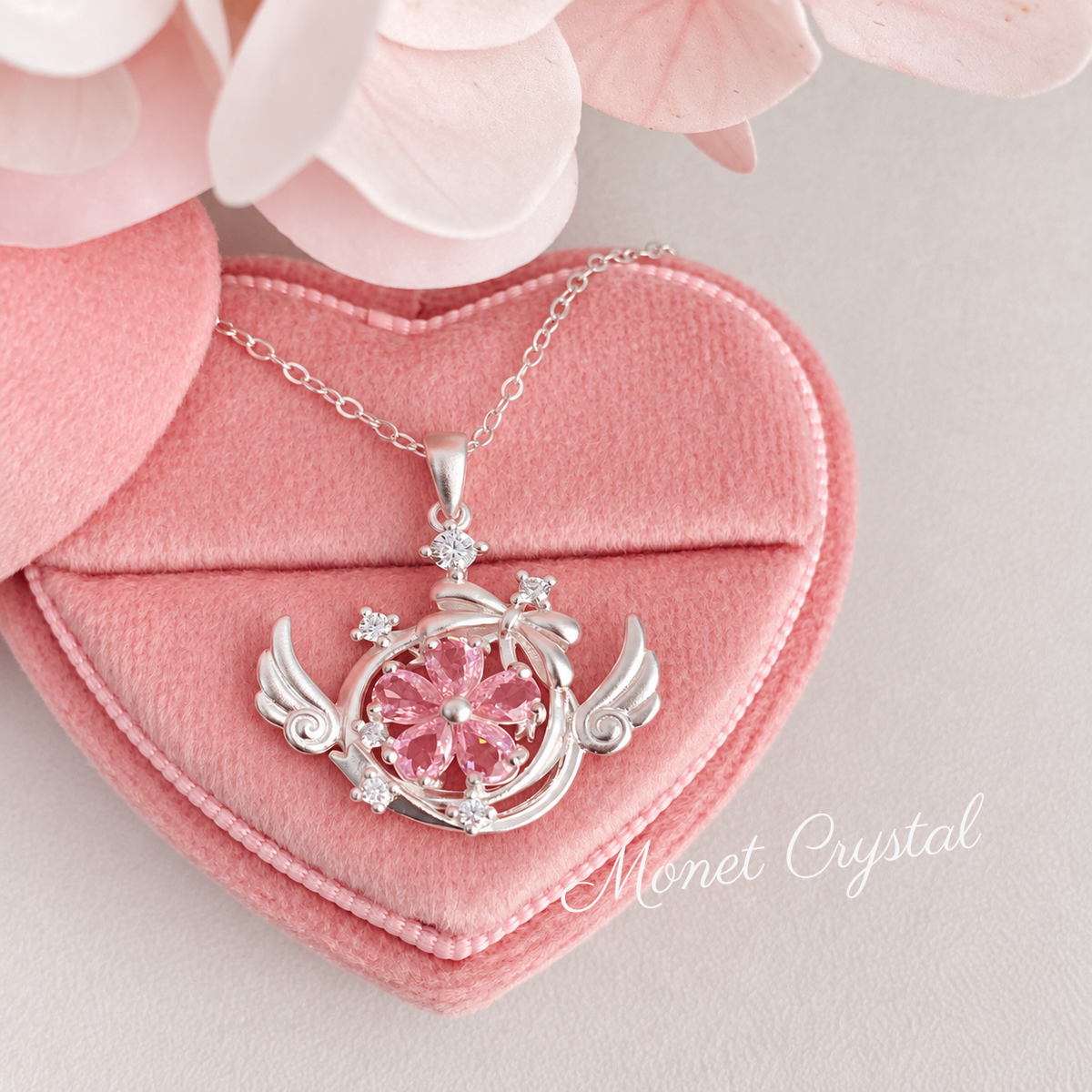 “Petal Wish” S925 Sterling Silver Pink Zircon Winged Flower Necklace