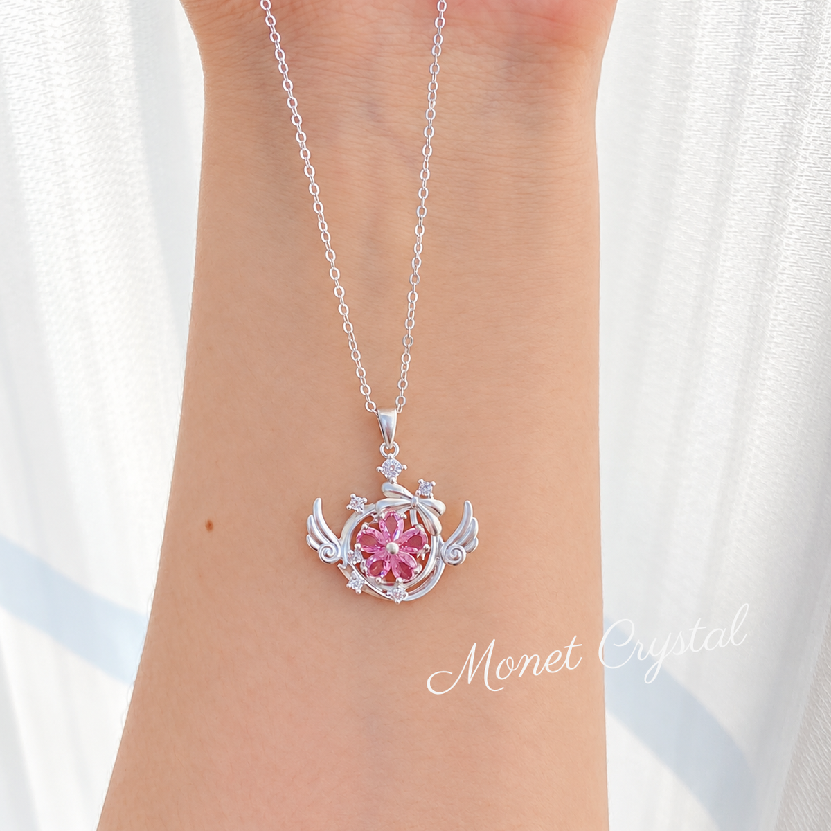 “Petal Wish” S925 Sterling Silver Pink Zircon Winged Flower Necklace