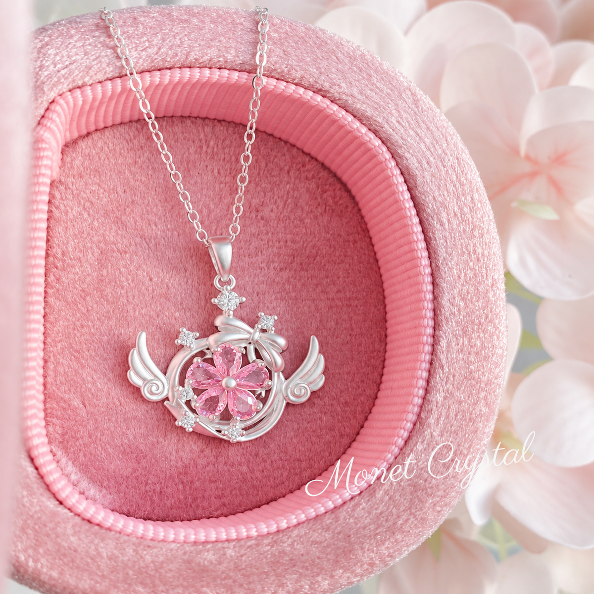 “Petal Wish” S925 Sterling Silver Pink Zircon Winged Flower Necklace