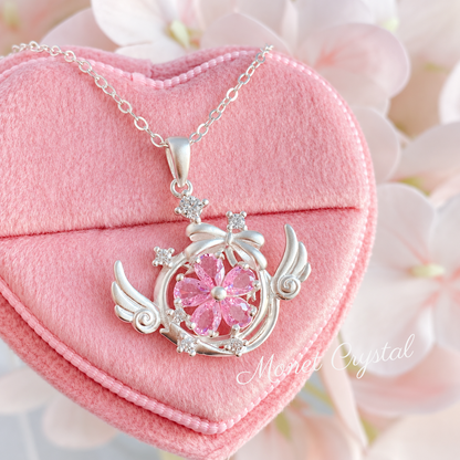 “Petal Wish” S925 Sterling Silver Pink Zircon Winged Flower Necklace