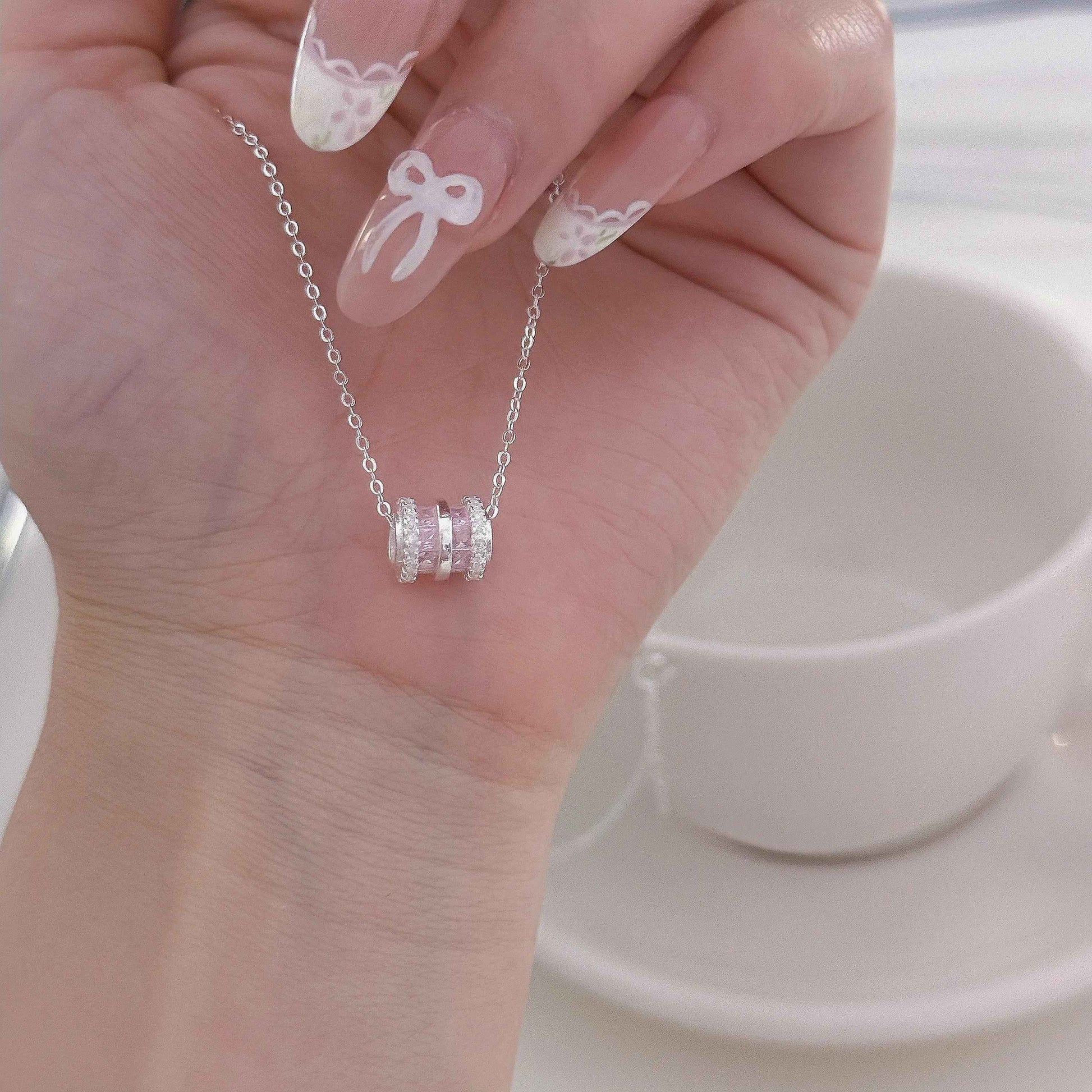 "Pink Fortune Bead" 999 Pure Silver Necklace with Zircon - Elegant and Charming