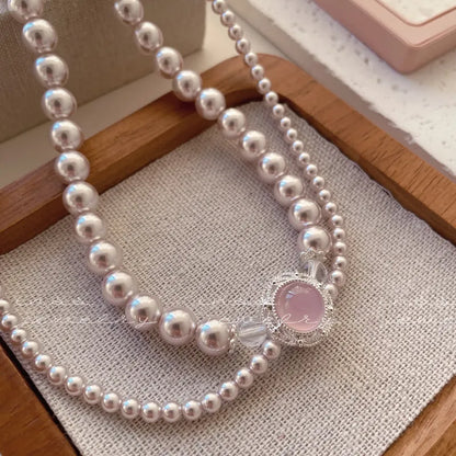 "Pink Waltz" Dual-Layer Chalcedony & Pearl Necklace