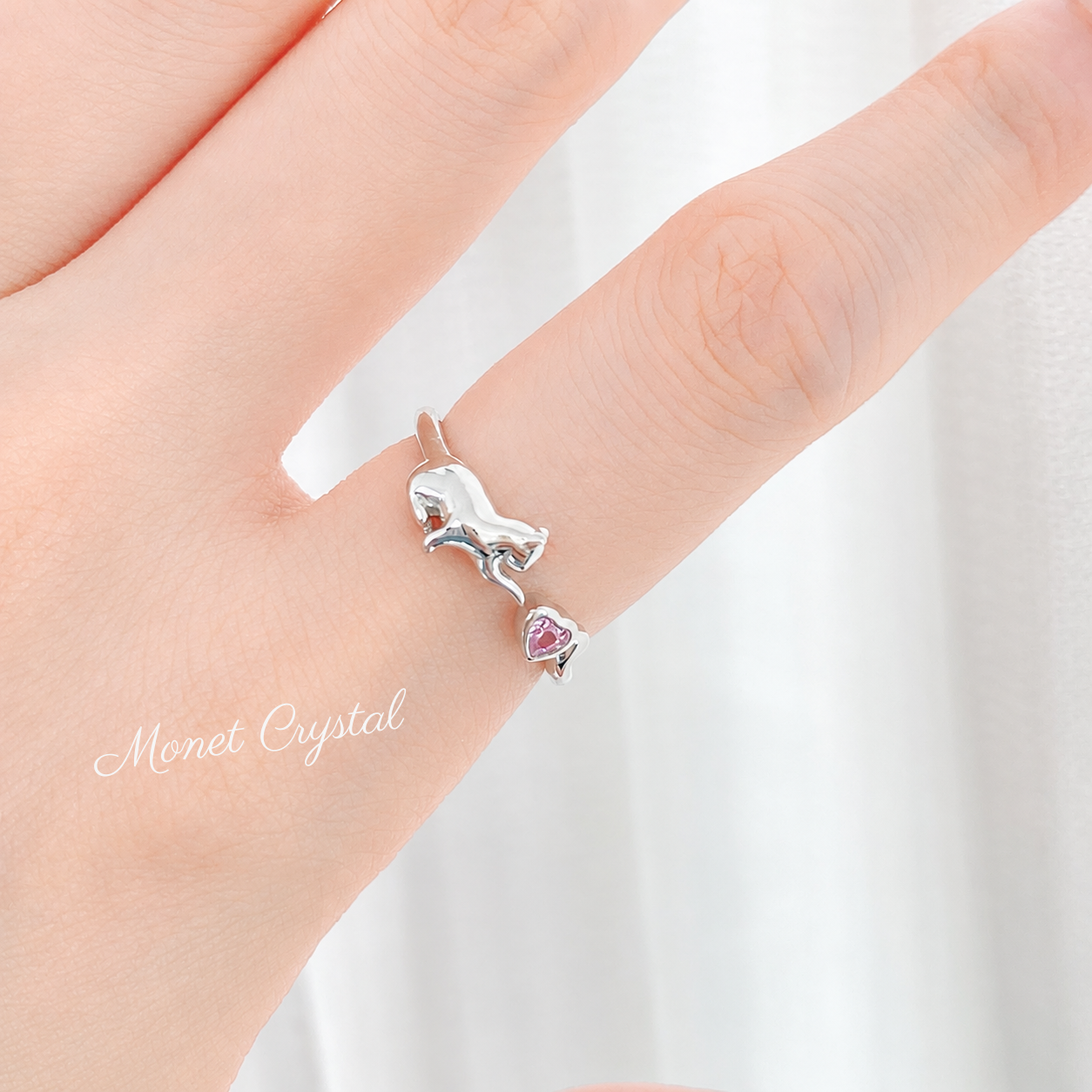 "Playful Kitty" 925 Sterling Silver Open Ring – Gold & Silver, Pink Zircon Heart