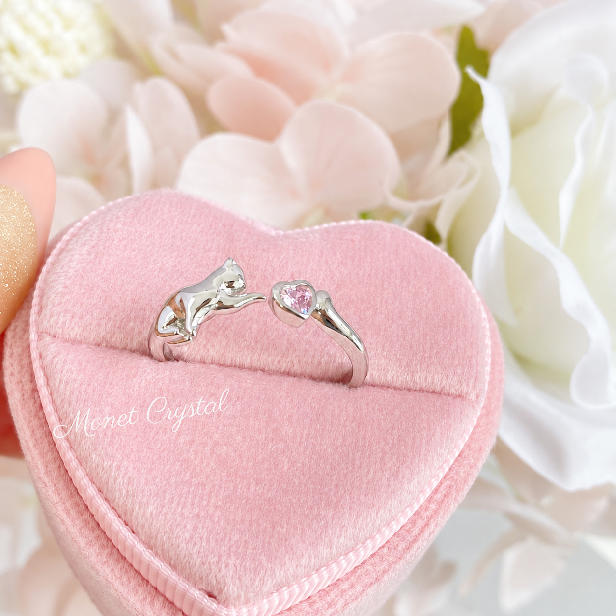"Playful Kitty" 925 Sterling Silver Open Ring – Gold & Silver, Pink Zircon Heart