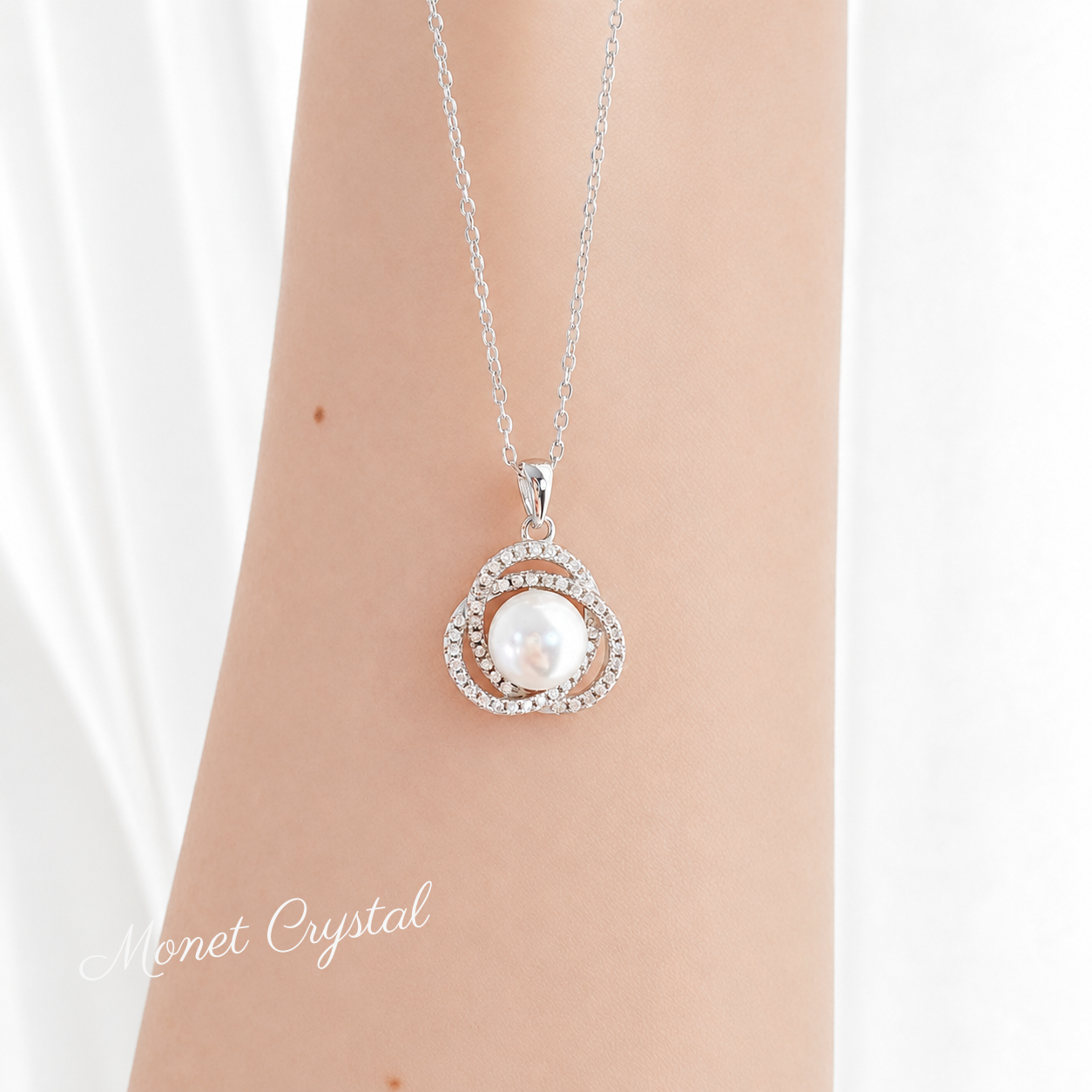“Quiet Orbit” S925 Sterling Silver 8mm Pearl Zircon Necklace