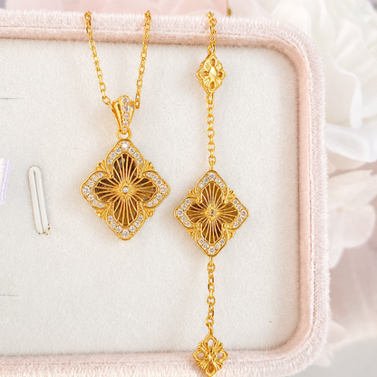 “Regal Clover” S925 Sterling Silver Tiger’s Eye Clover Necklace & Bracelet Set