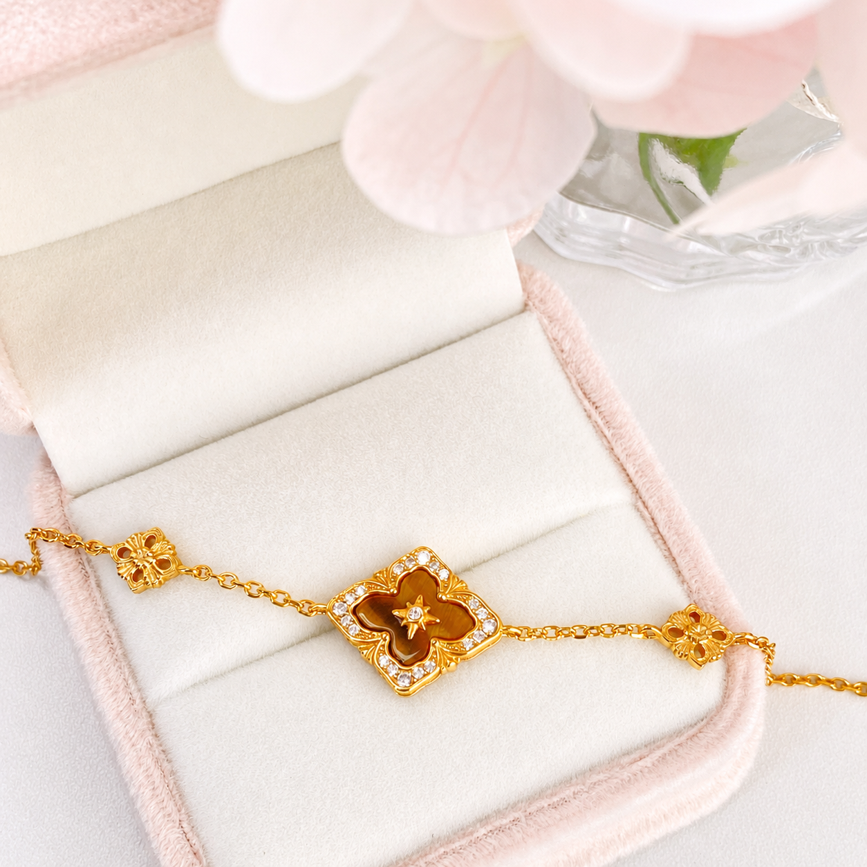 “Regal Clover” S925 Sterling Silver Tiger’s Eye Clover Necklace & Bracelet Set