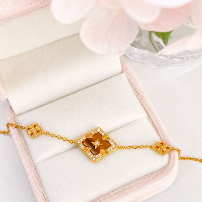 “Regal Clover” S925 Sterling Silver Tiger’s Eye Clover Necklace & Bracelet Set