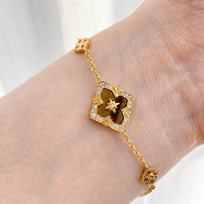 “Regal Clover” S925 Sterling Silver Tiger’s Eye Clover Necklace & Bracelet Set