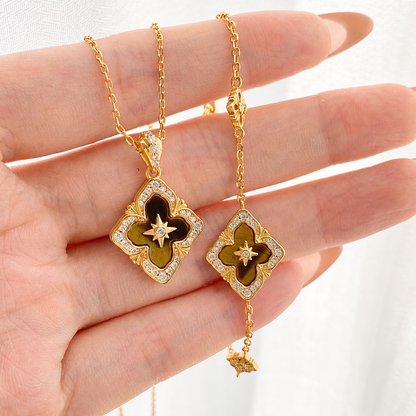 “Regal Clover” S925 Sterling Silver Tiger’s Eye Clover Necklace & Bracelet Set