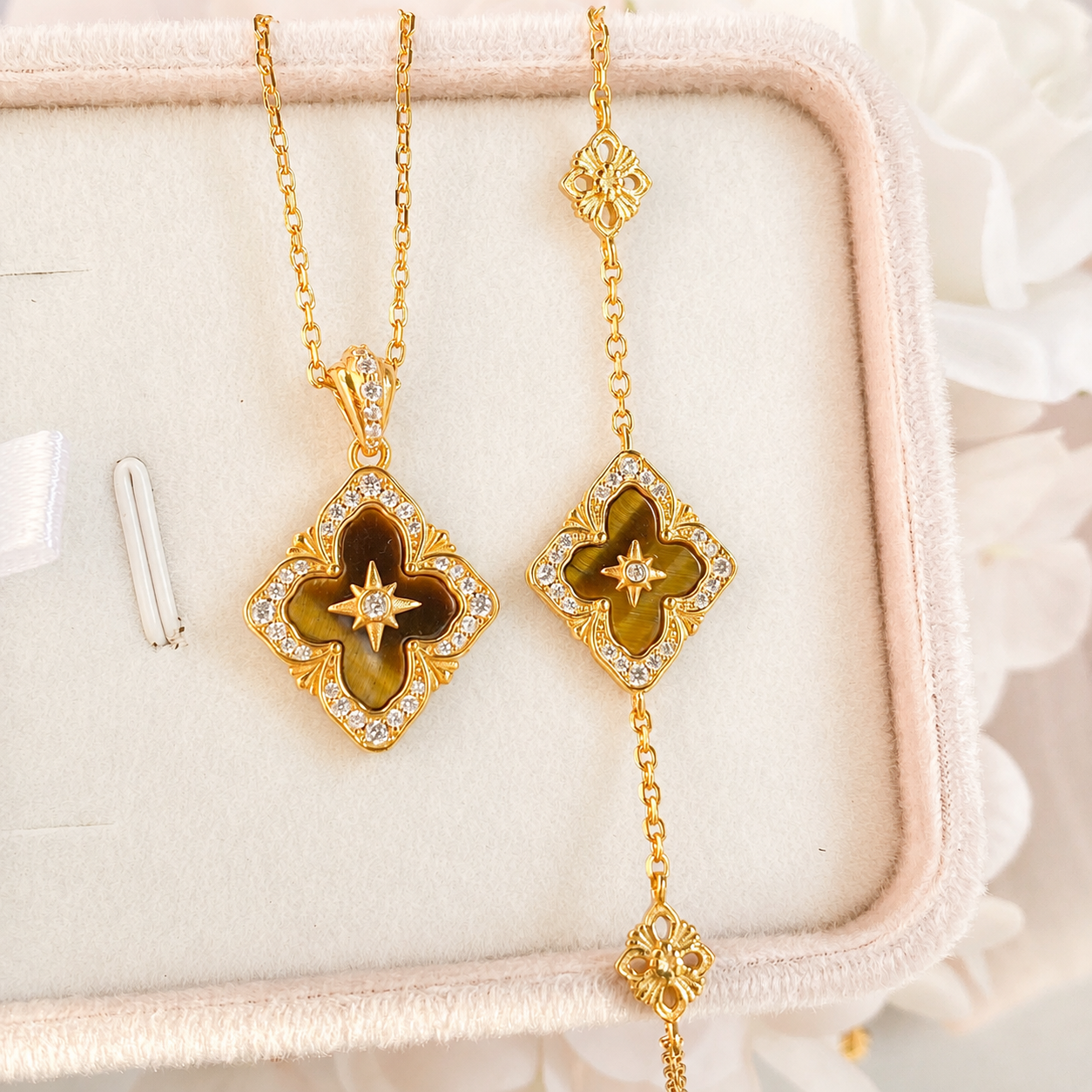 “Regal Clover” S925 Sterling Silver Tiger’s Eye Clover Necklace & Bracelet Set