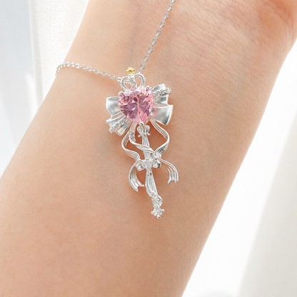 “Ribbon Scepter” S925 Sterling Silver Bow Magic Wand Jewelry Set (Necklace & Adjustable Ring)