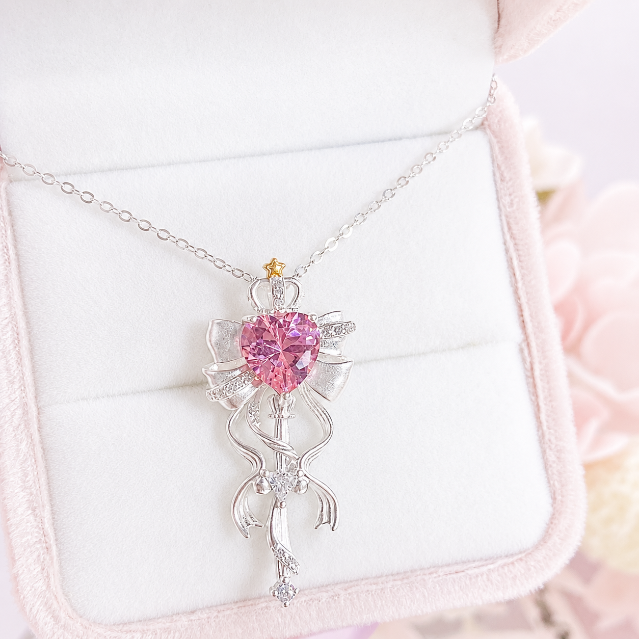 “Ribbon Scepter” S925 Sterling Silver Bow Magic Wand Jewelry Set (Necklace & Adjustable Ring)
