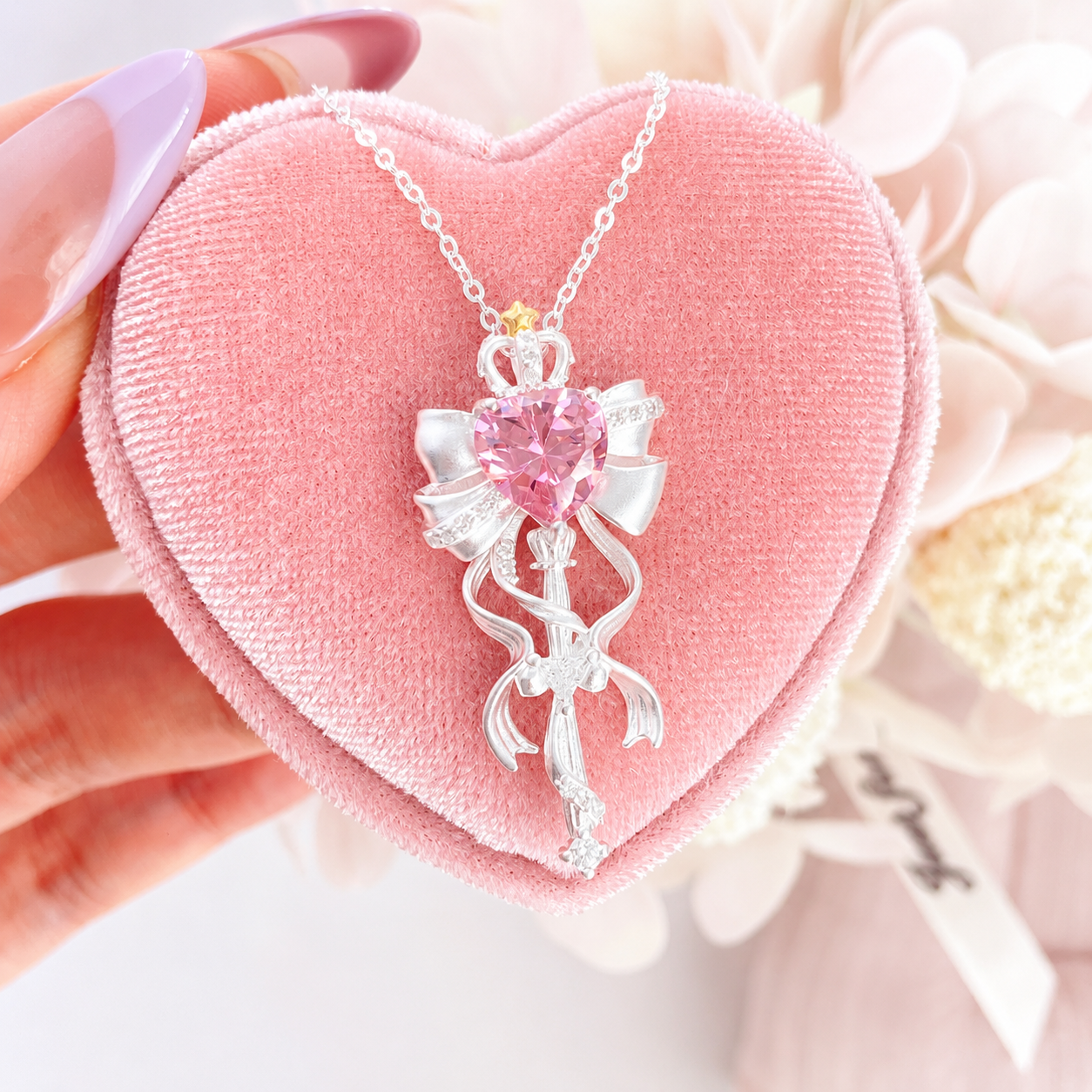 “Ribbon Scepter” S925 Sterling Silver Bow Magic Wand Jewelry Set (Necklace & Adjustable Ring)