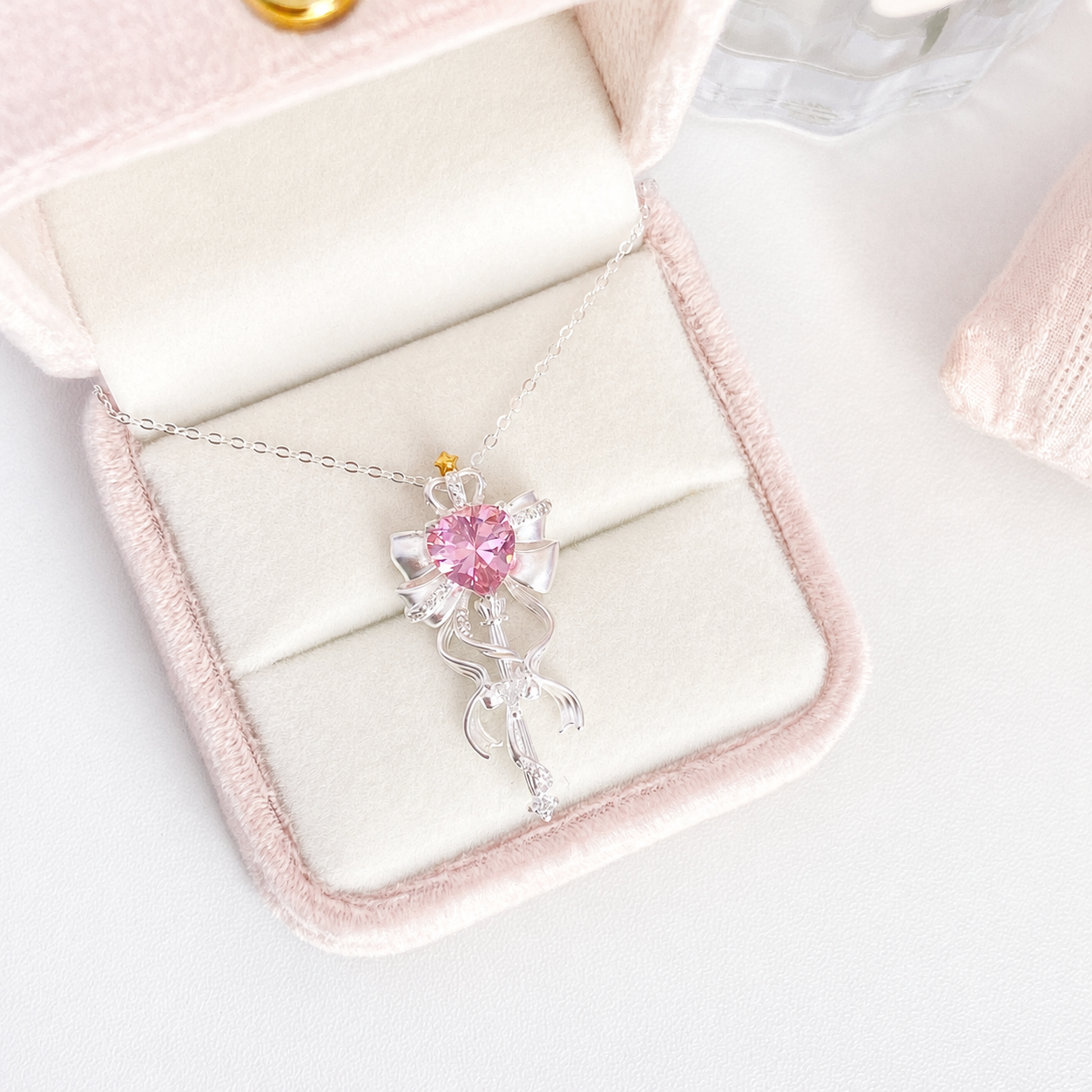 “Ribbon Scepter” S925 Sterling Silver Bow Magic Wand Jewelry Set (Necklace & Adjustable Ring)