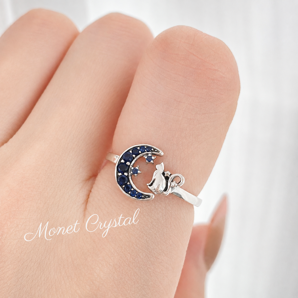 “Rose Moon Kitty” S925 Sterling Silver Crescent Cat Open Ring