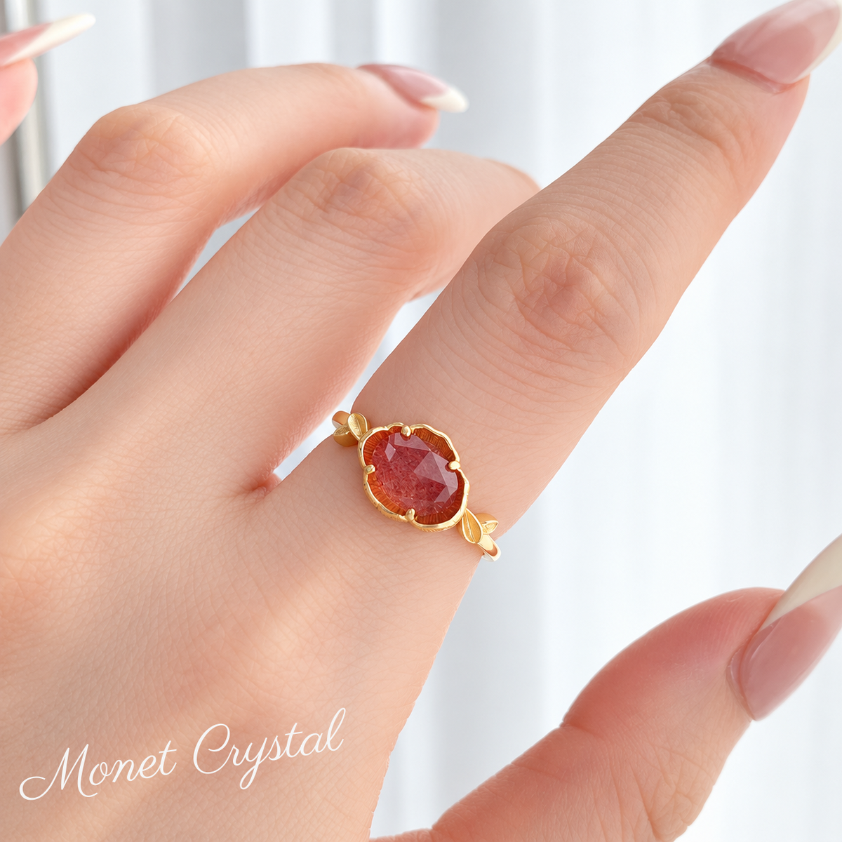 “Rosebud” Champagne Gold Plated S925 Sterling Silver Strawberry Quartz Ring