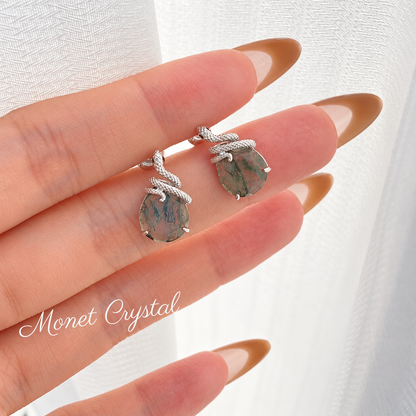 “Serpent Veil” White Gold Plated S925 Sterling Silver Moss Agate Necklace & Earrings Set