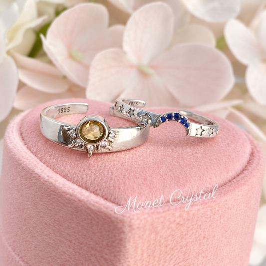 “Same Sky” S925 Sterling Silver Sun & Moon Adjustable Couple Ring Set