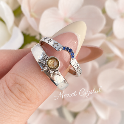 “Same Sky” S925 Sterling Silver Sun & Moon Adjustable Couple Ring Set