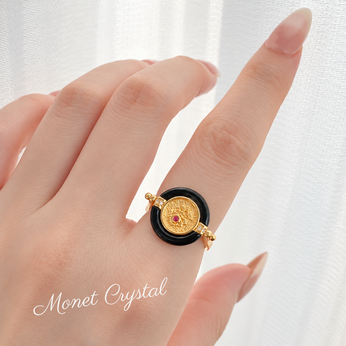 “Secret Keepsake” 10K Gold Plated S925 Sterling Silver Black Agate Rotating Ring