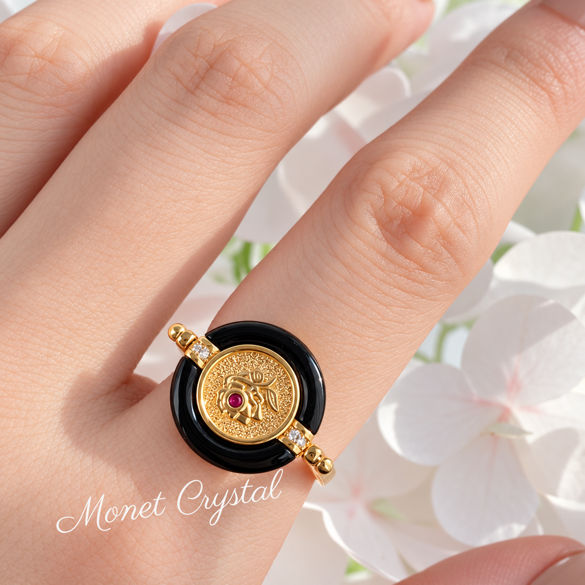 “Secret Keepsake” 10K Gold Plated S925 Sterling Silver Black Agate Rotating Ring
