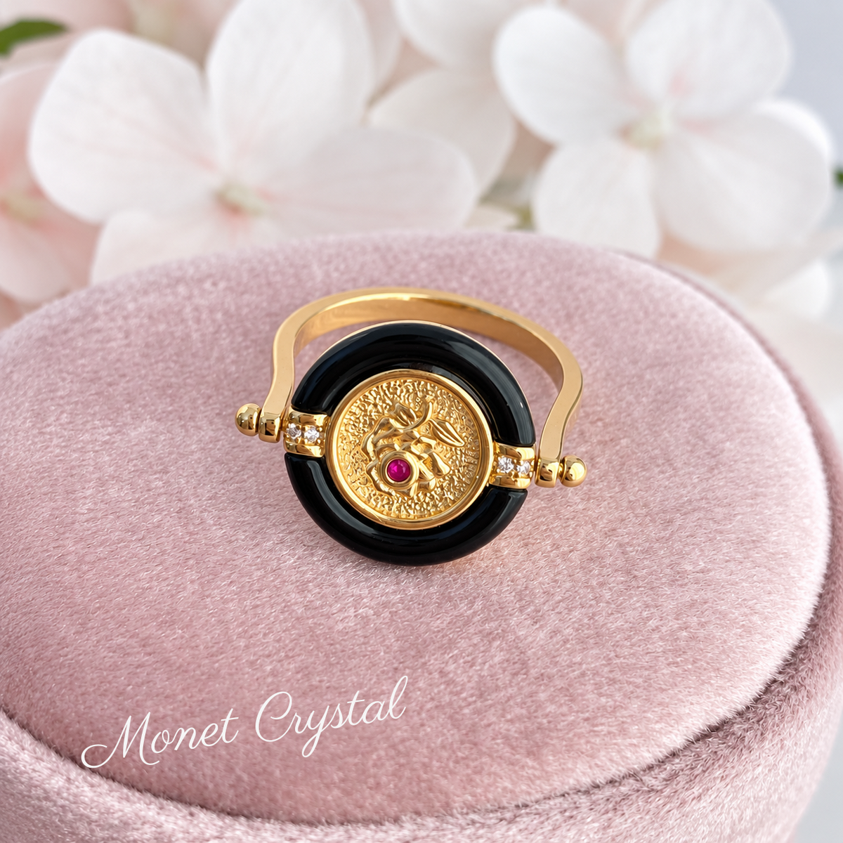 “Secret Keepsake” 10K Gold Plated S925 Sterling Silver Black Agate Rotating Ring