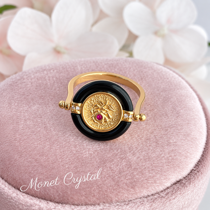 “Secret Keepsake” 10K Gold Plated S925 Sterling Silver Black Agate Rotating Ring