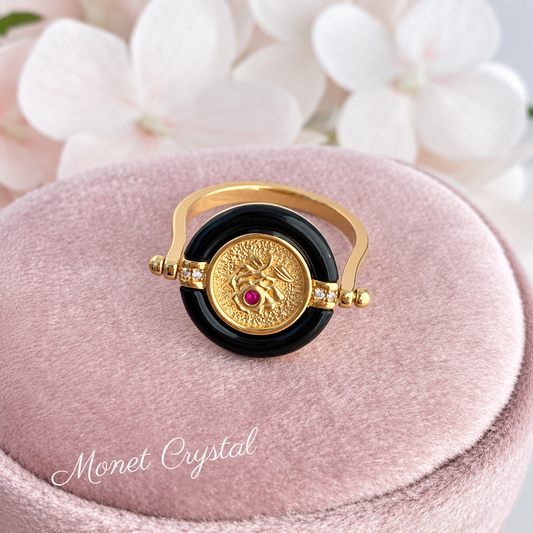 “Secret Keepsake” 10K Gold Plated S925 Sterling Silver Black Agate Rotating Ring
