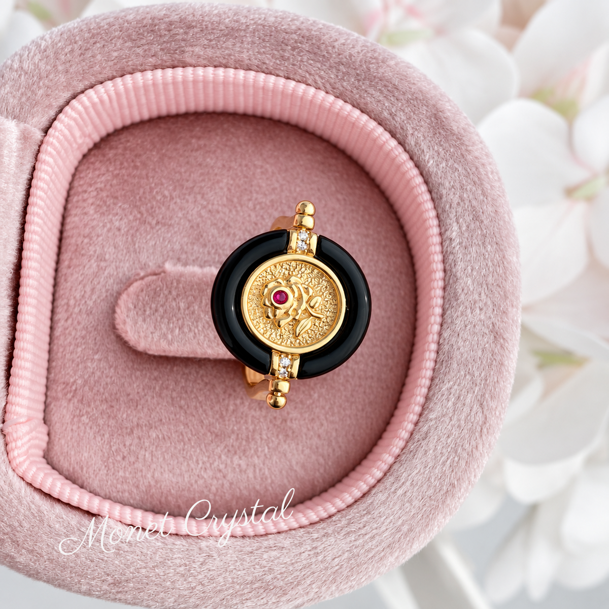“Secret Keepsake” 10K Gold Plated S925 Sterling Silver Black Agate Rotating Ring