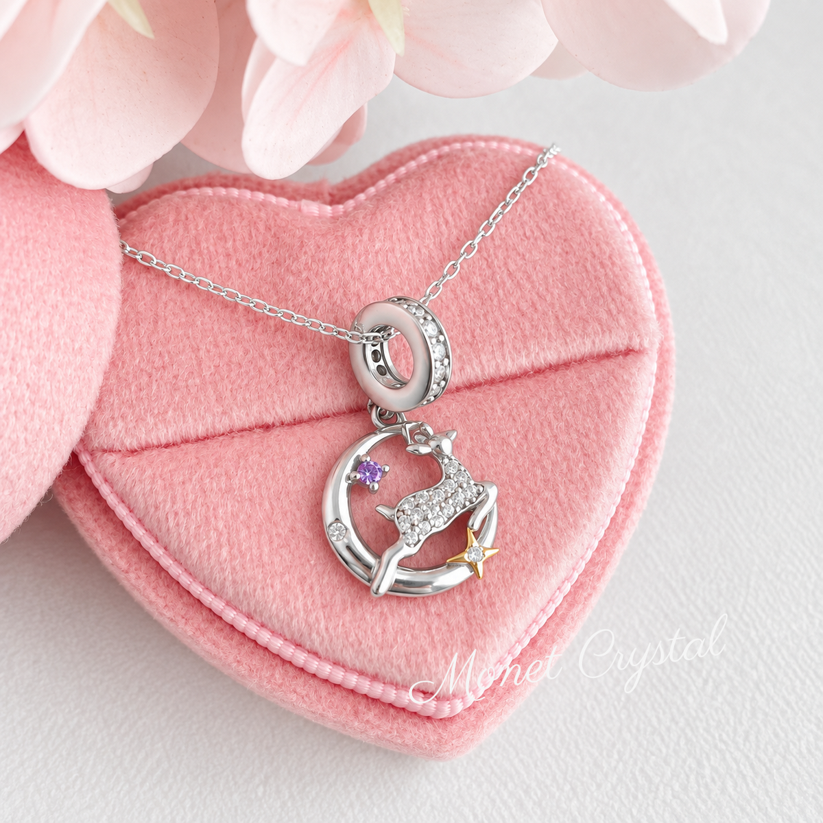 “Silent Night” S925 Sterling Silver Zircon Reindeer Moon Necklace