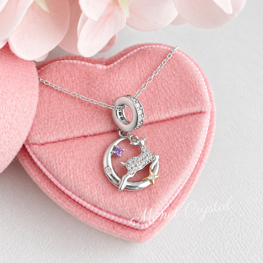 “Silent Night” S925 Sterling Silver Zircon Reindeer Moon Necklace