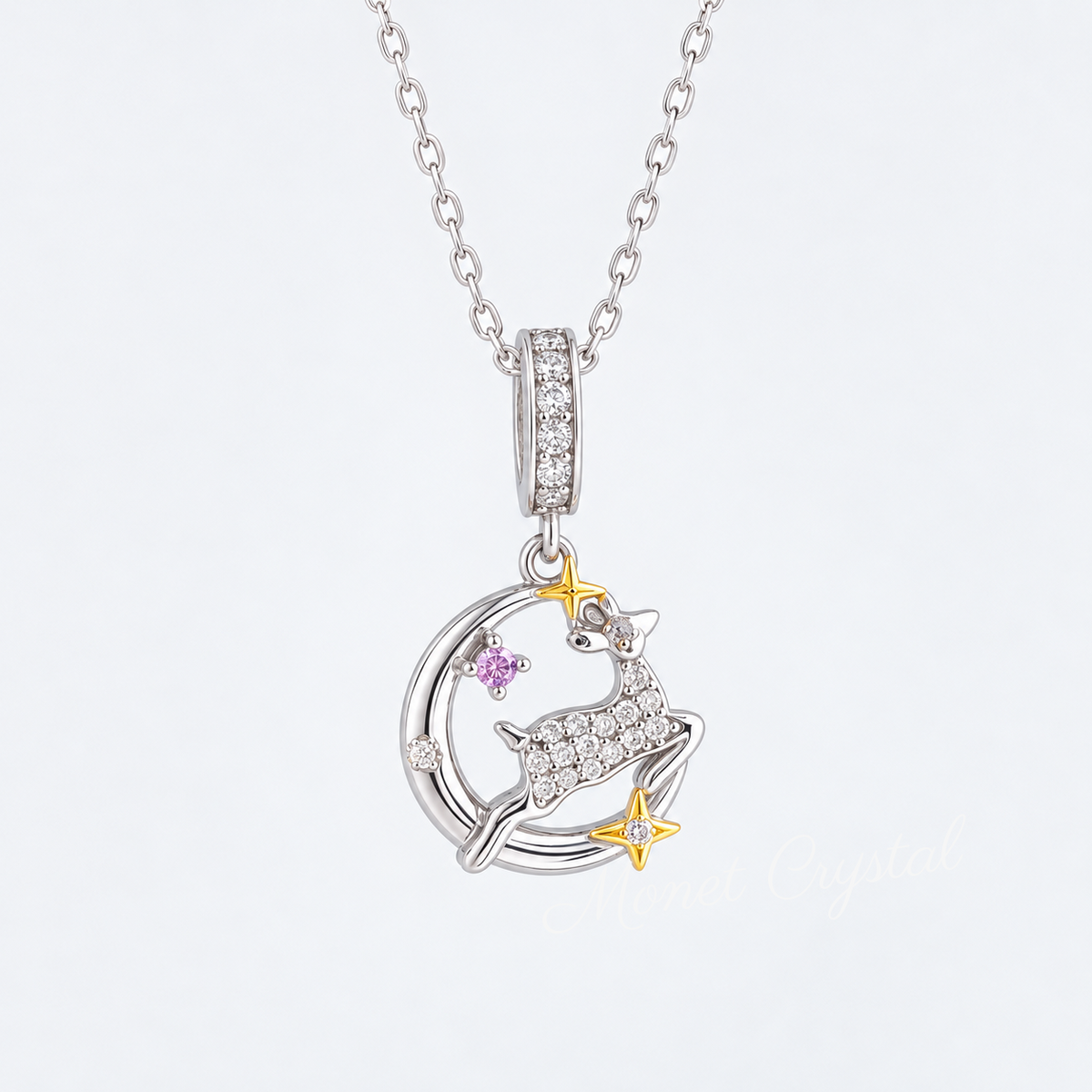 “Silent Night” S925 Sterling Silver Zircon Reindeer Moon Necklace