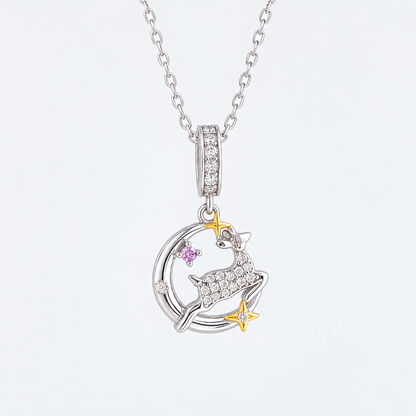 “Silent Night” S925 Sterling Silver Zircon Reindeer Moon Necklace