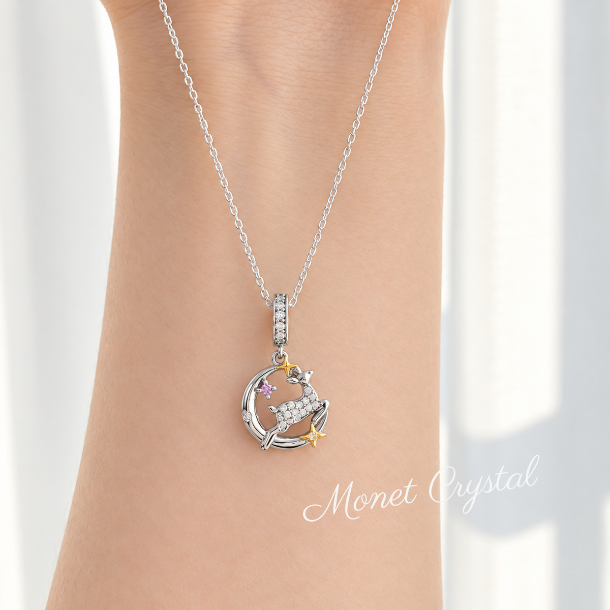 “Silent Night” S925 Sterling Silver Zircon Reindeer Moon Necklace