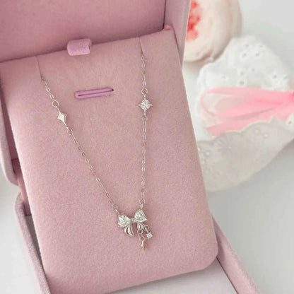 "Silk Dream" 925 Sterling Silver Tassel Bow Necklace - Elegant and Charming