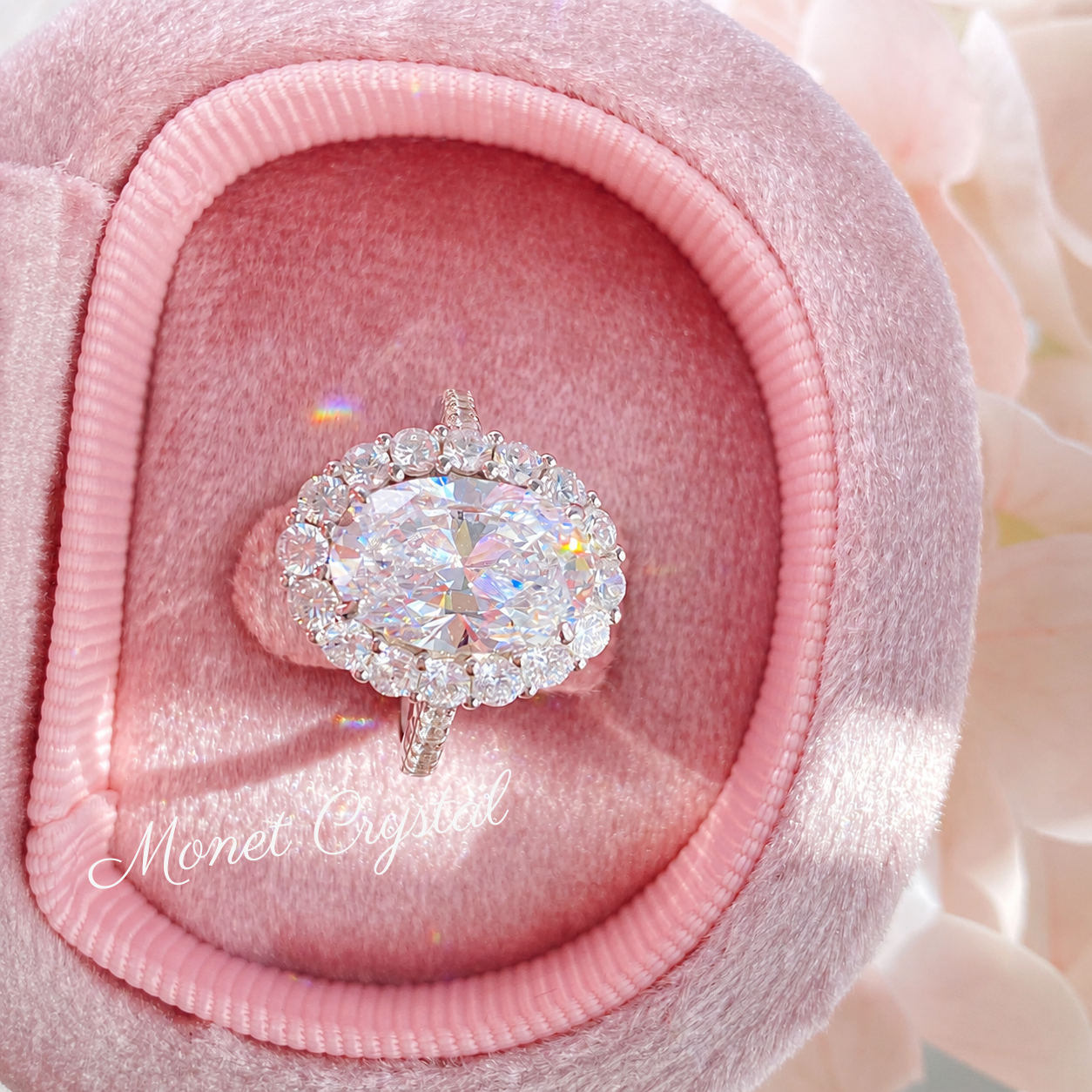 “Silver Screen” S925 Sterling Silver 3CT Oval 8A Zircon Halo Ring