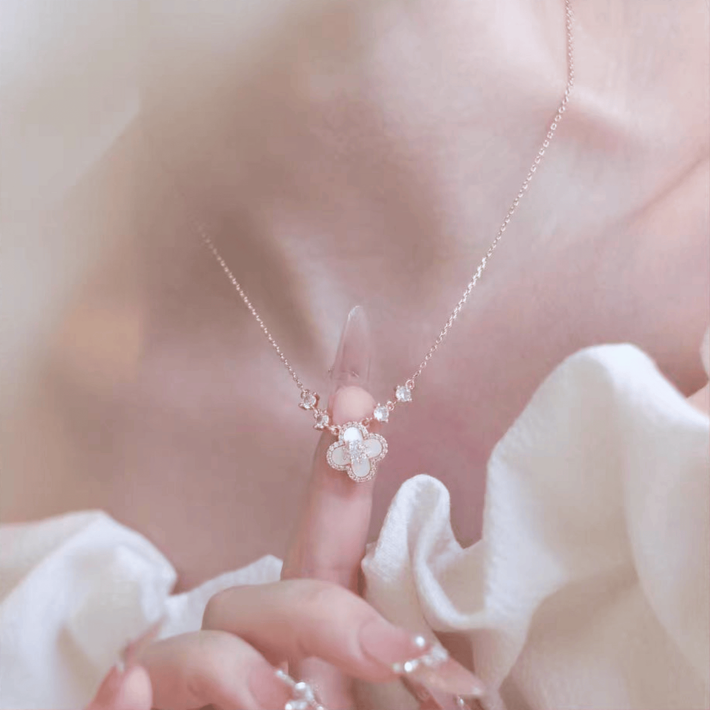 「春の開花の約束」ピンククローバー マザーオブパール ブレスレット | ネックレス、925スターリングシルバー