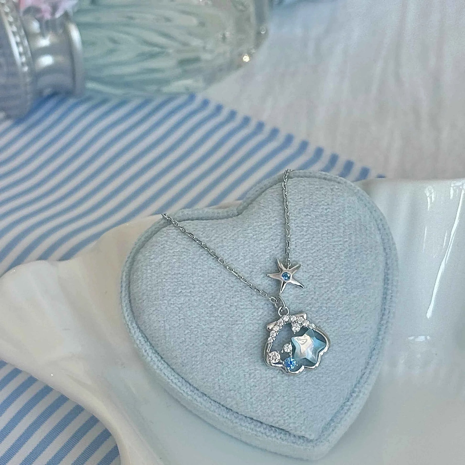 "Starlight Shell" 925 Sterling Silver Necklace - Dreamy Blue Starfish and Shell Design