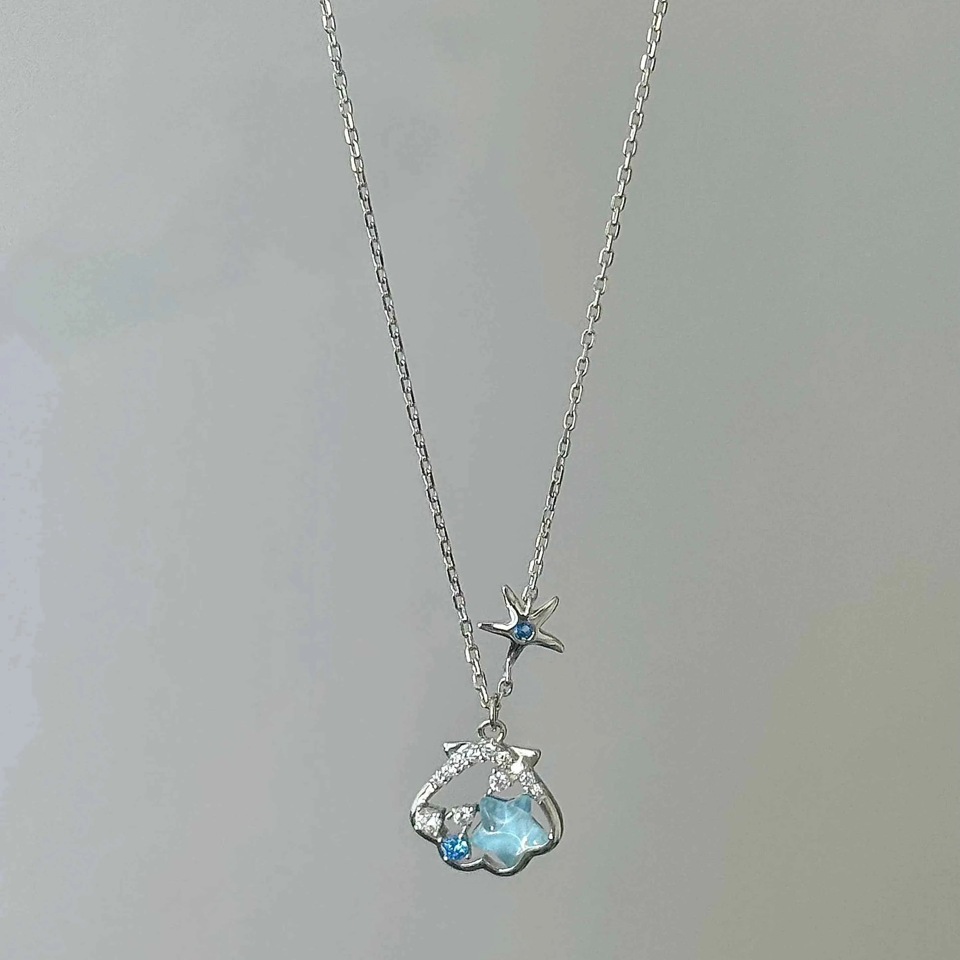 "Starlight Shell" 925 Sterling Silver Necklace - Dreamy Blue Starfish and Shell Design