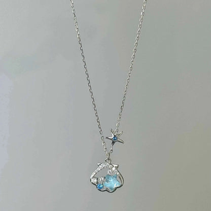 "Starlight Shell" 925 Sterling Silver Necklace - Dreamy Blue Starfish and Shell Design