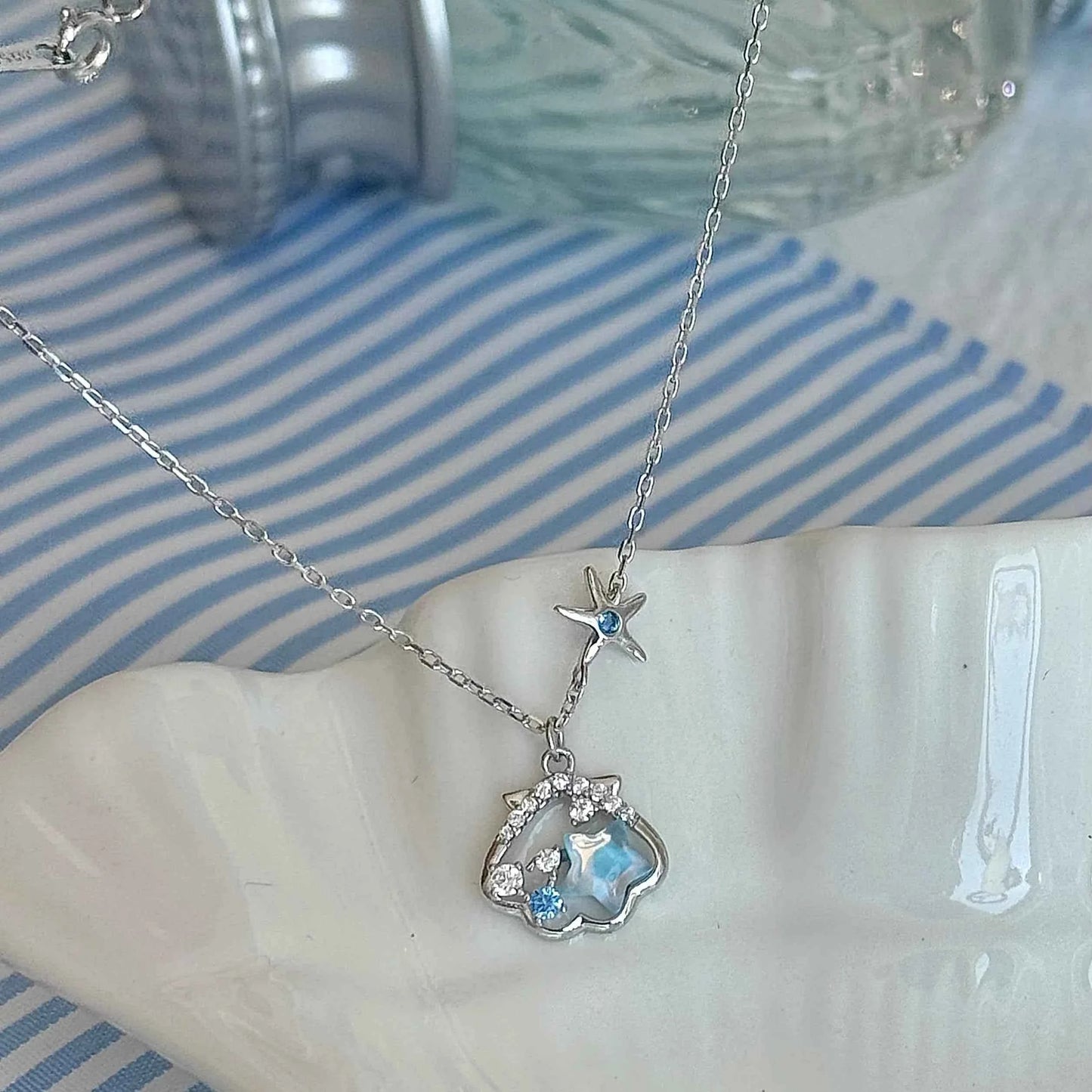 "Starlight Shell" 925 Sterling Silver Necklace - Dreamy Blue Starfish and Shell Design