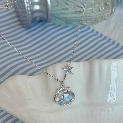 "Starlight Shell" 925 Sterling Silver Necklace - Dreamy Blue Starfish and Shell Design