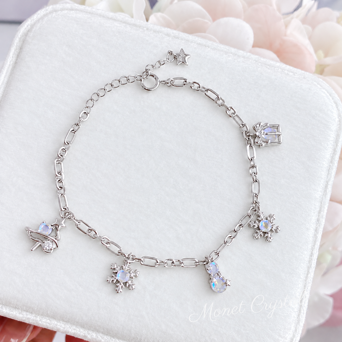 “Starlit Season” S925 Sterling Silver Moonstone Christmas Charm Bracelet