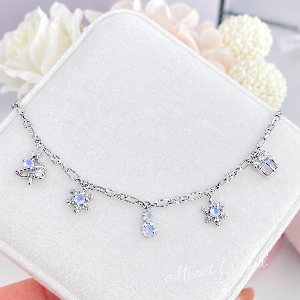 “Starlit Season” S925 Sterling Silver Moonstone Christmas Charm Bracelet