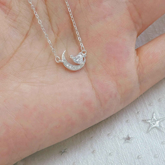 "Night Dream Starlight" 999 Pure Silver Heart and Moon Necklace - Dreamy and Elegant